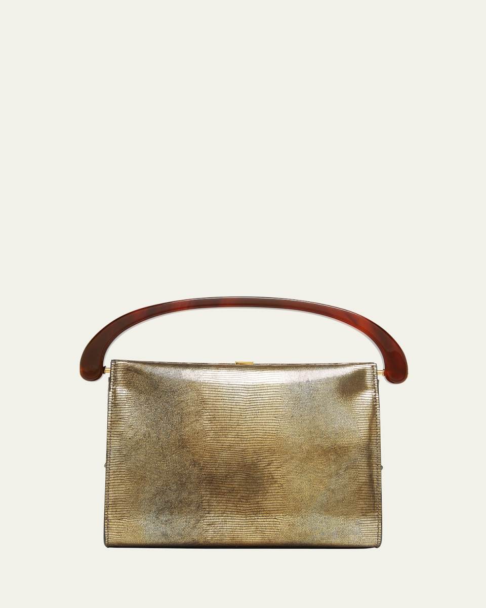 Crisp Metallic Lizard-Embossed Top-Handle Bag